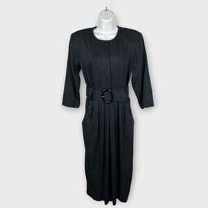 Vintage 80s Black Career Office Dress Large Buckle Minimalist Preppy Chic Sz 10